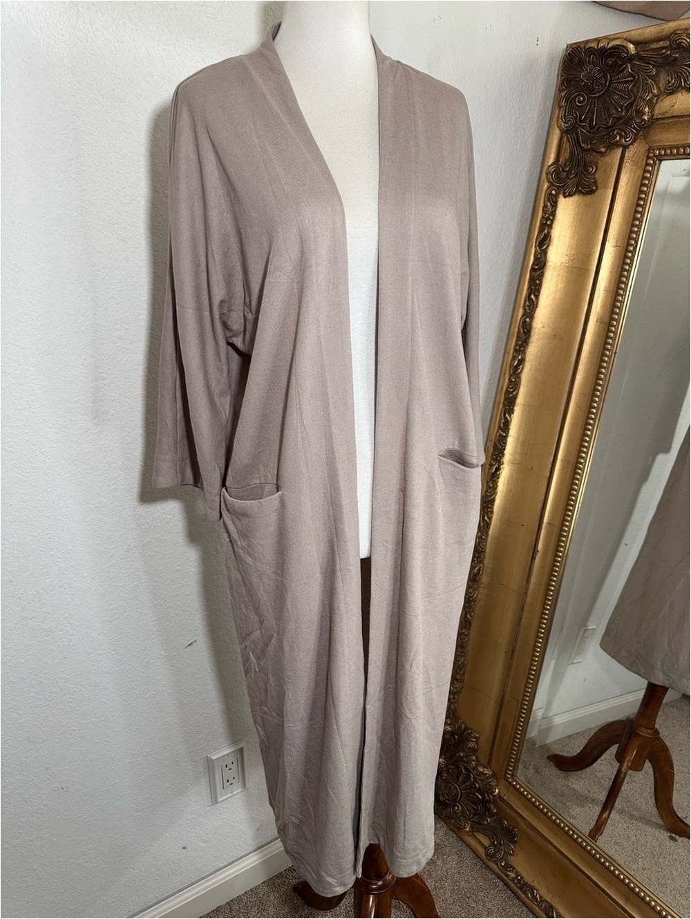 Mod Ref Taupe Sand 3/4 Sleeve Open Front Sweater Cardigan Duster Size Small